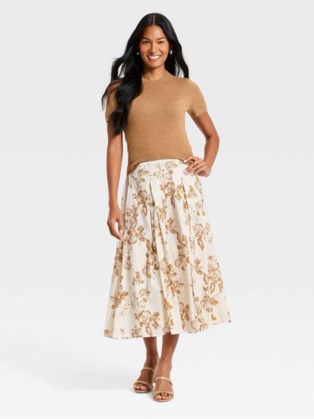 Floral Cream and Tab Pull-On Pleated Voile Full Midi Skirt from A New Day- 2X